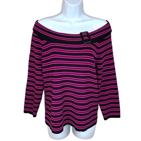 Cable & Gauge Fuchsia Pink Black Striped Knit Blouse Off Shoulder Large - Picture 1 of 8